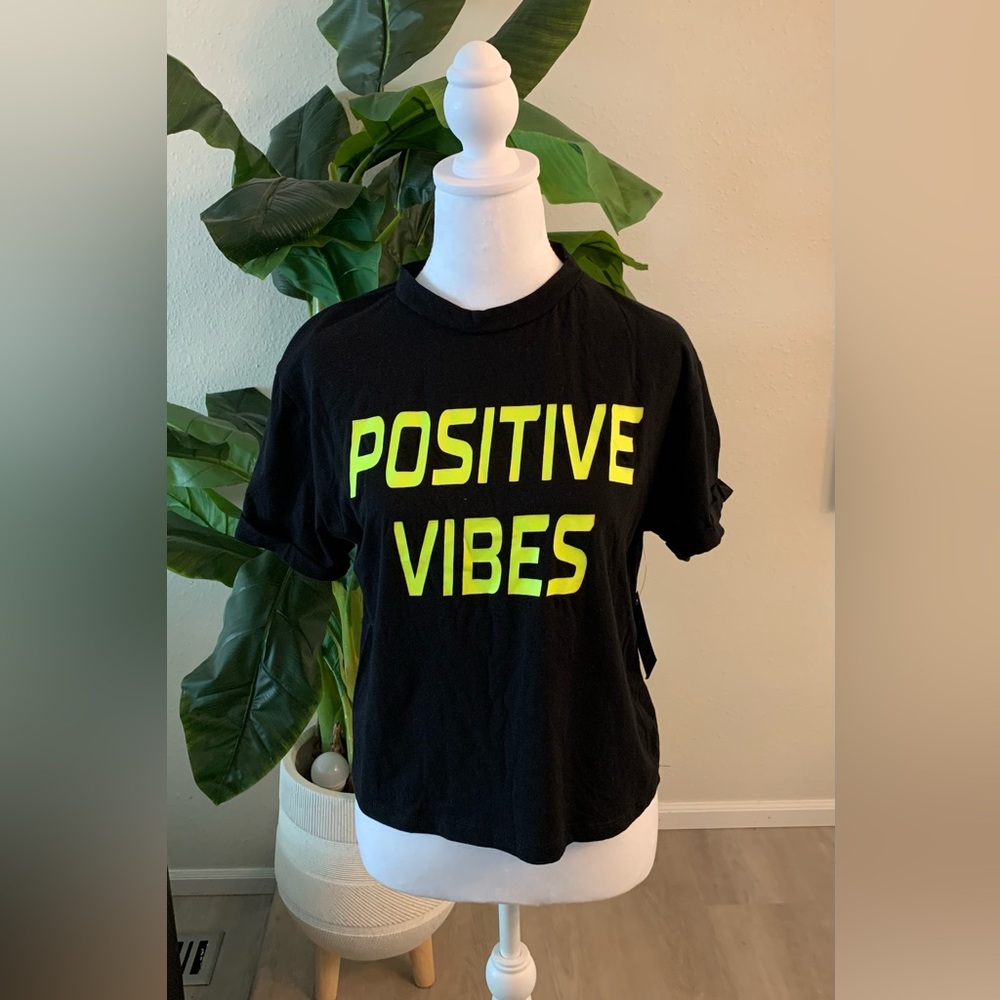 Black crop top for girls with Neon Yellow Positive Vibes Print